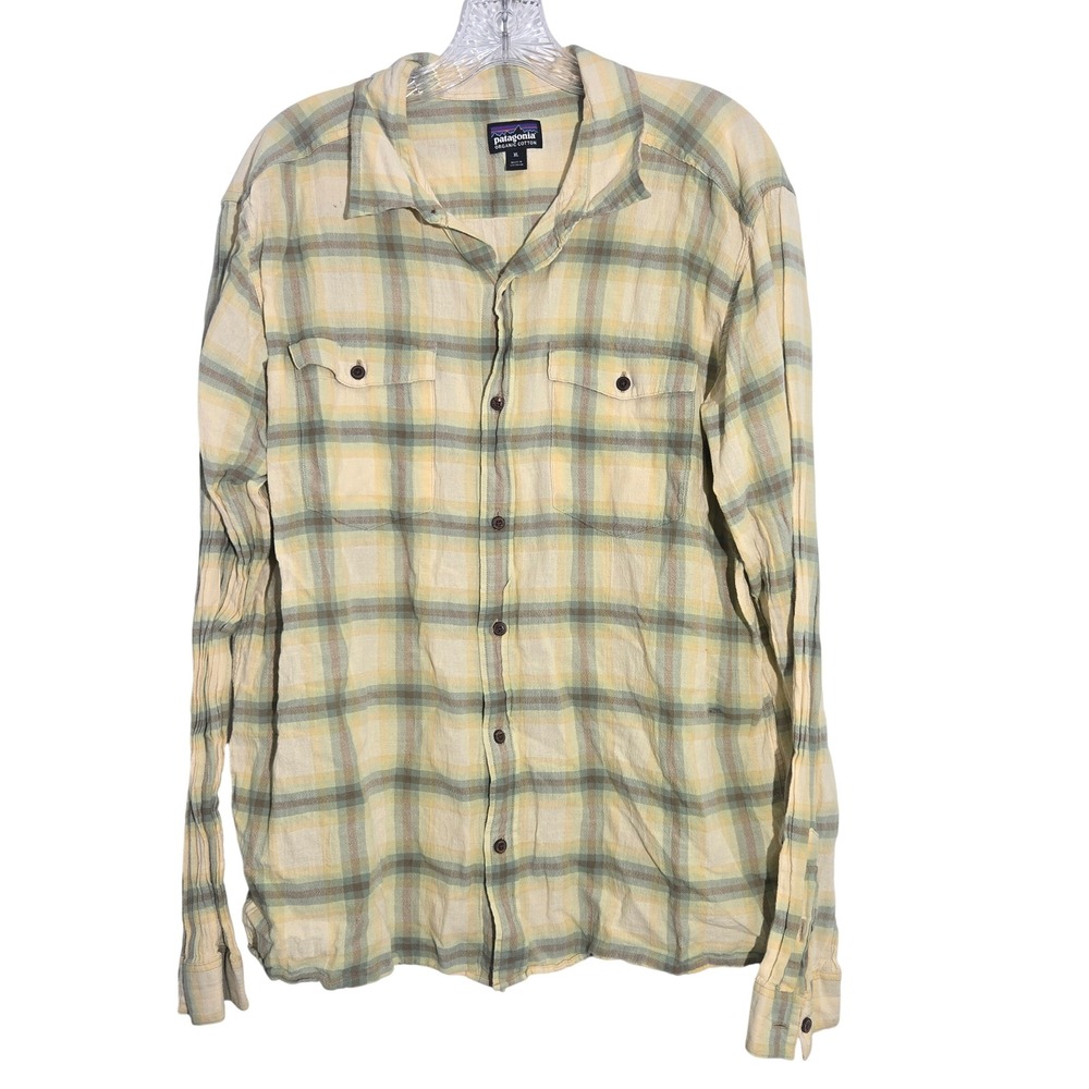 Patagonia Mens XL Organic Cotton Plaid Button Down Shirt Yellow Green 53833 SP16